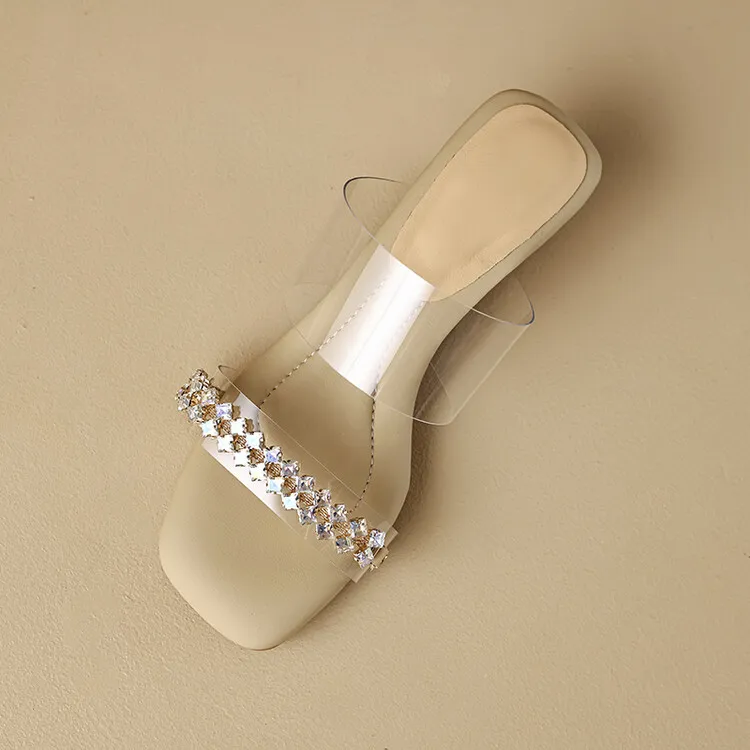 32-44 size sandals, summer outdoor wear, crystal shoes, fairy mid-heel transparent shoes, off-white/apricot color 7-6n