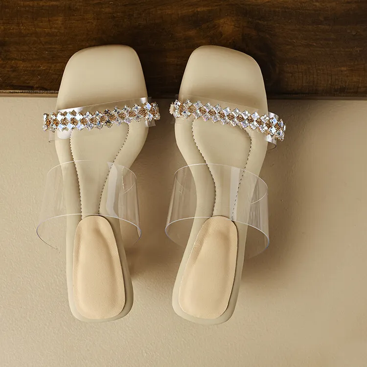 32-44 size sandals, summer outdoor wear, crystal shoes, fairy mid-heel transparent shoes, off-white/apricot color 7-6n