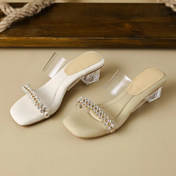 32-44 size sandals, summer outdoor wear, crystal shoes, fairy mid-heel transparent shoes, off-white/apricot color 7-6n