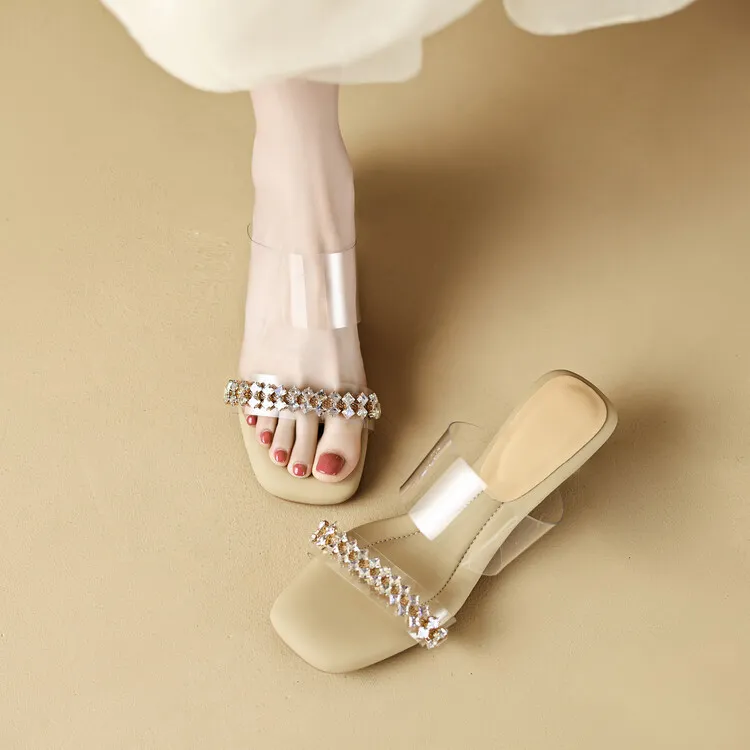 32-44 size sandals, summer outdoor wear, crystal shoes, fairy mid-heel transparent shoes, off-white/apricot color 7-6n
