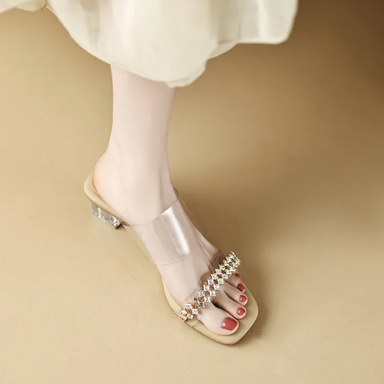 32-44 size sandals, summer outdoor wear, crystal shoes, fairy mid-heel transparent shoes, off-white/apricot color 7-6n