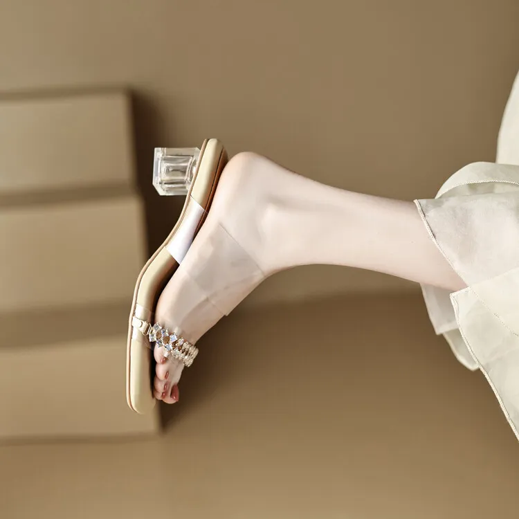 32-44 size sandals, summer outdoor wear, crystal shoes, fairy mid-heel transparent shoes, off-white/apricot color 7-6n