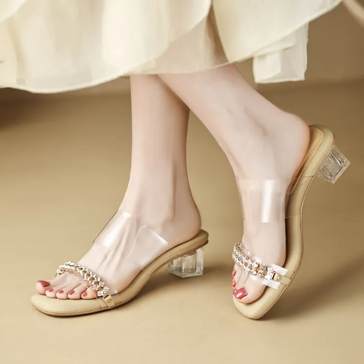 32-44 size sandals, summer outdoor wear, crystal shoes, fairy mid-heel transparent shoes, off-white/apricot color 7-6n