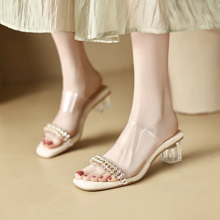 32-44 size sandals, summer outdoor wear, crystal shoes, fairy mid-heel transparent shoes, off-white/apricot color 7-6n