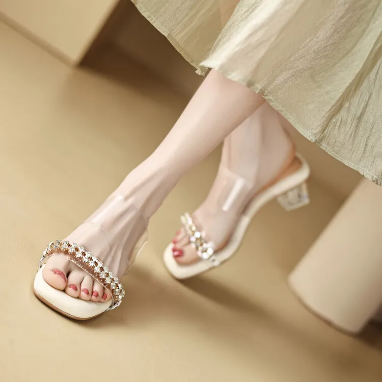 32-44 size sandals, summer outdoor wear, crystal shoes, fairy mid-heel transparent shoes, off-white/apricot color 7-6n