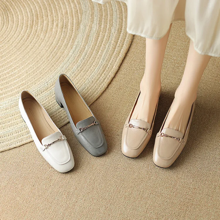 Women's Spring/Autumn Style Metal Buckle Shoes 7-10A Soft Cowhide Chunky Heel Shallow Mouth Round Toe Single Shoes Women's Size 40