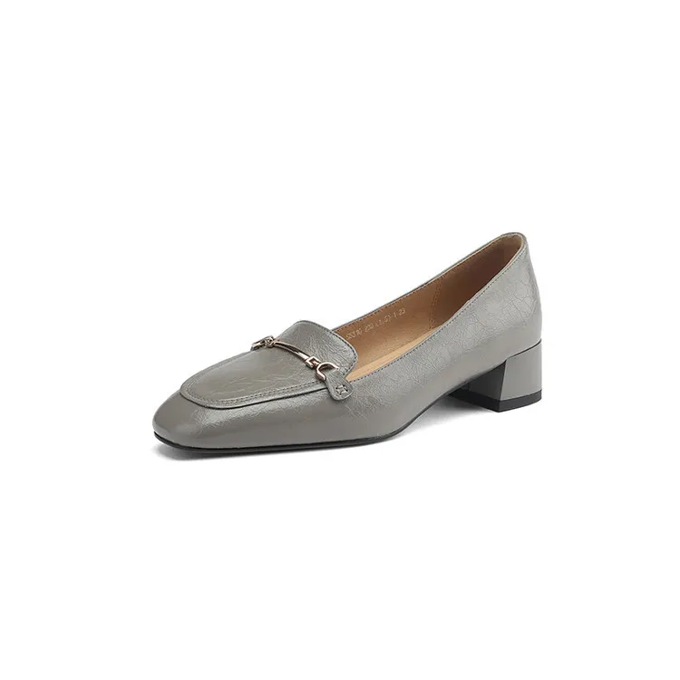 Women's Spring/Autumn Style Metal Buckle Shoes 7-10A Soft Cowhide Chunky Heel Shallow Mouth Round Toe Single Shoes Women's Size 40