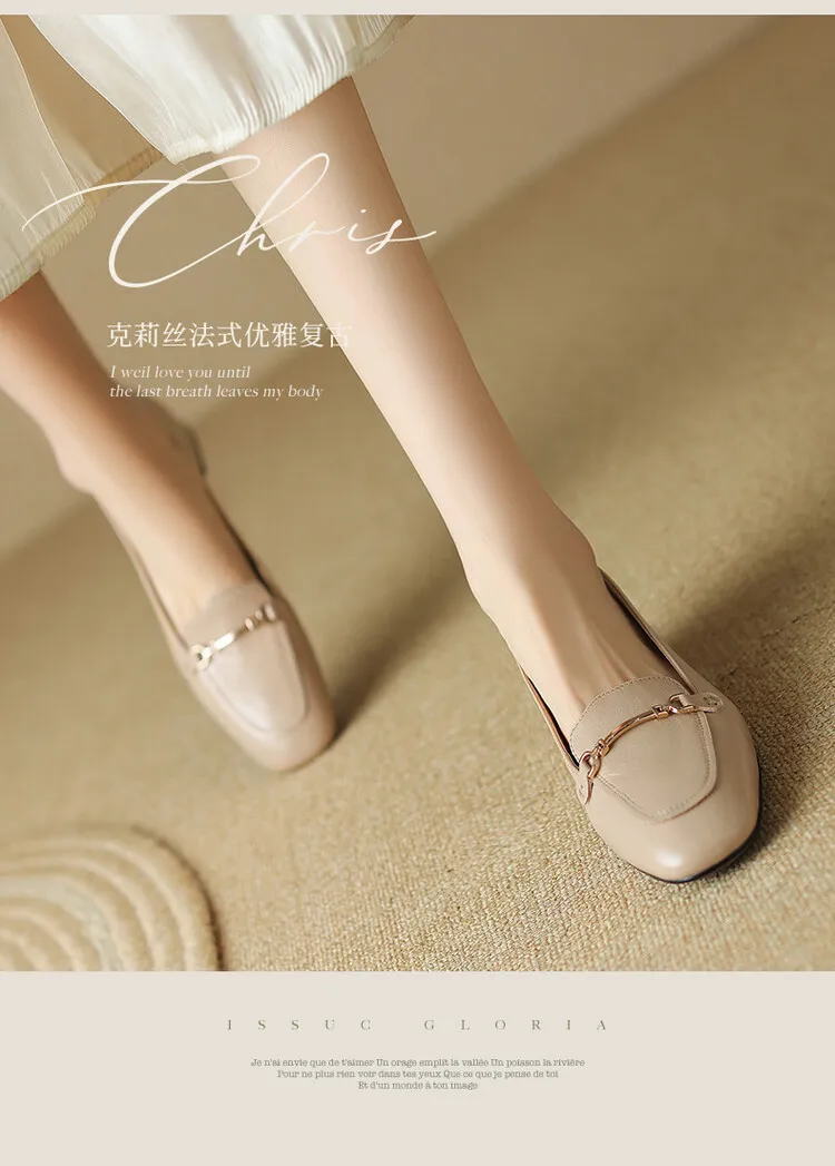 Women's Spring/Autumn Style Metal Buckle Shoes 7-10A Soft Cowhide Chunky Heel Shallow Mouth Round Toe Single Shoes Women's Size 40