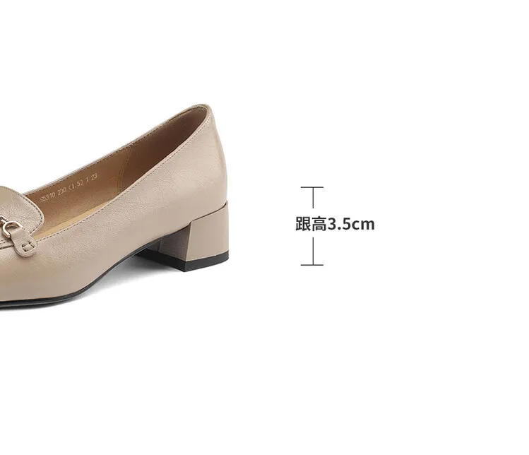 Women's Spring/Autumn Style Metal Buckle Shoes 7-10A Soft Cowhide Chunky Heel Shallow Mouth Round Toe Single Shoes Women's Size 40