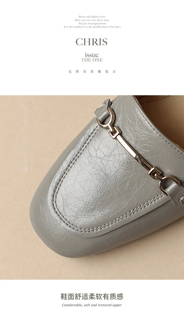 Women's Spring/Autumn Style Metal Buckle Shoes 7-10A Soft Cowhide Chunky Heel Shallow Mouth Round Toe Single Shoes Women's Size 40