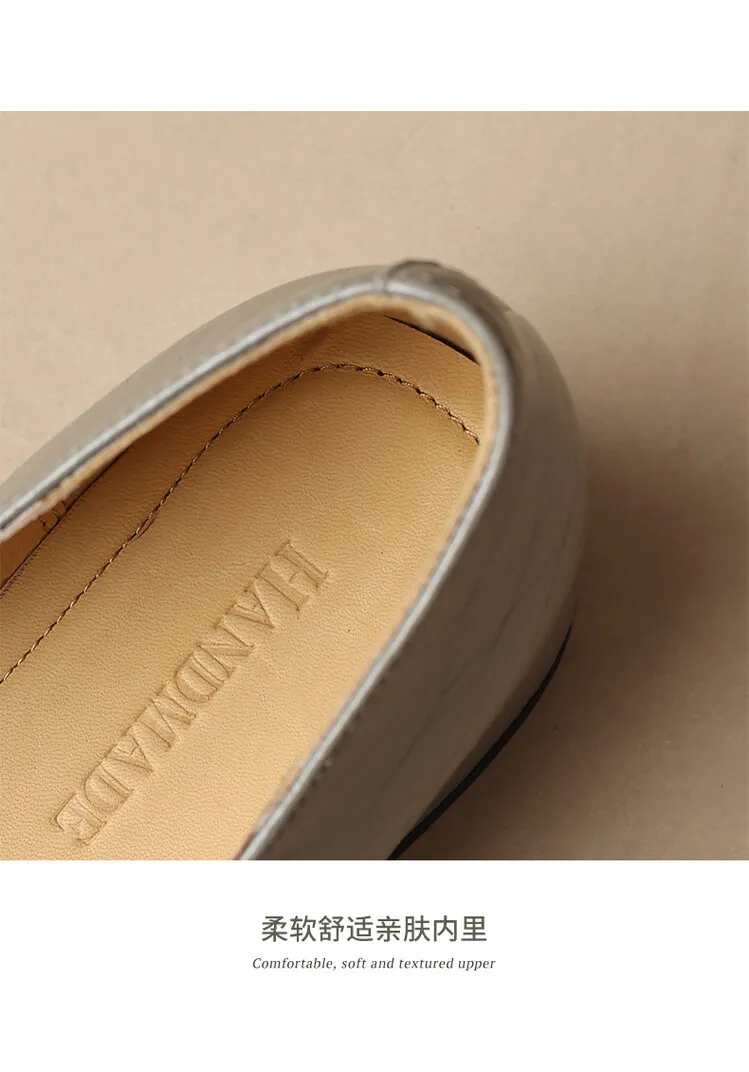 Women's Spring/Autumn Style Metal Buckle Shoes 7-10A Soft Cowhide Chunky Heel Shallow Mouth Round Toe Single Shoes Women's Size 40