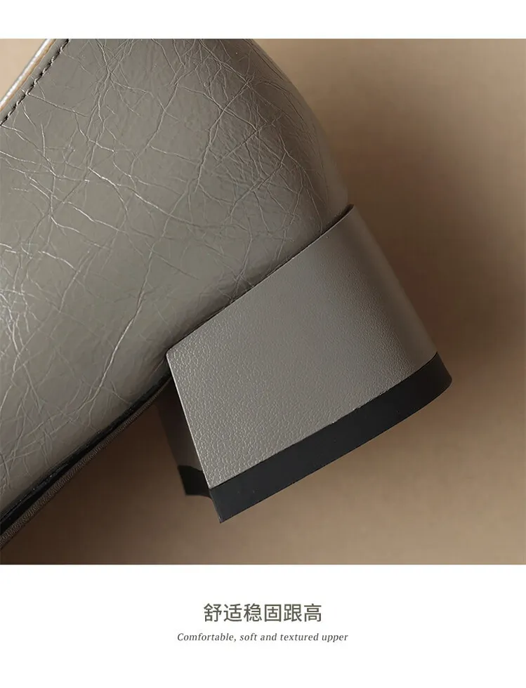 Women's Spring/Autumn Style Metal Buckle Shoes 7-10A Soft Cowhide Chunky Heel Shallow Mouth Round Toe Single Shoes Women's Size 40