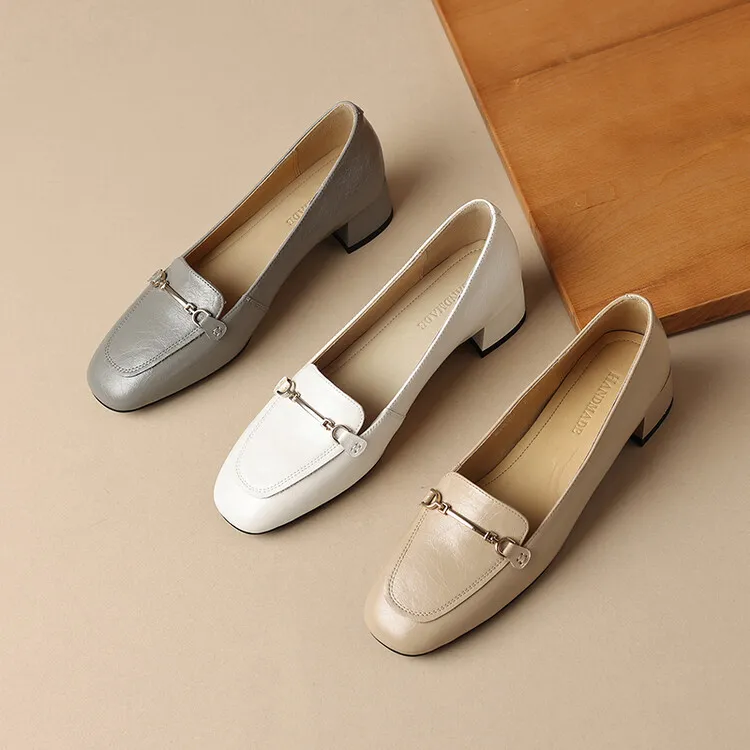 Women's Spring/Autumn Style Metal Buckle Shoes 7-10A Soft Cowhide Chunky Heel Shallow Mouth Round Toe Single Shoes Women's Size 40