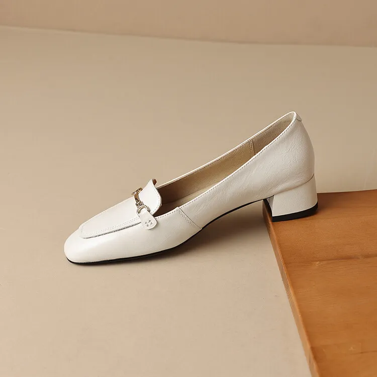 Women's Spring/Autumn Style Metal Buckle Shoes 7-10A Soft Cowhide Chunky Heel Shallow Mouth Round Toe Single Shoes Women's Size 40