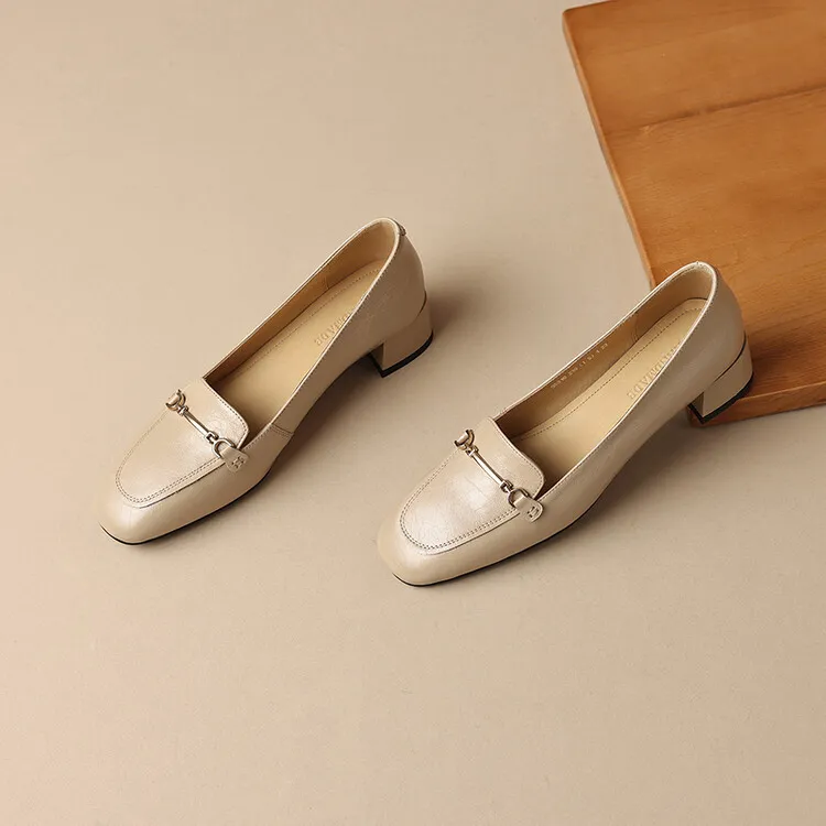 Women's Spring/Autumn Style Metal Buckle Shoes 7-10A Soft Cowhide Chunky Heel Shallow Mouth Round Toe Single Shoes Women's Size 40