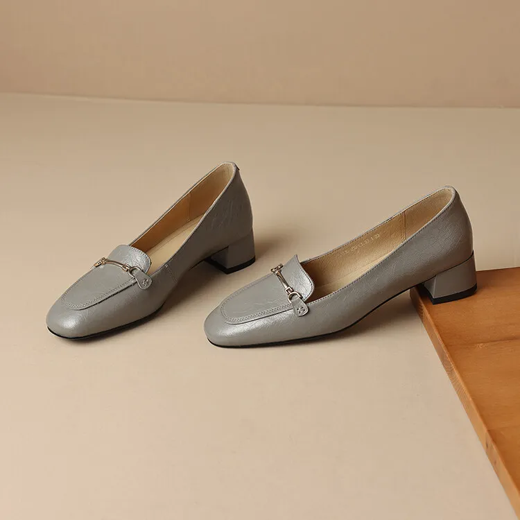 Women's Spring/Autumn Style Metal Buckle Shoes 7-10A Soft Cowhide Chunky Heel Shallow Mouth Round Toe Single Shoes Women's Size 40