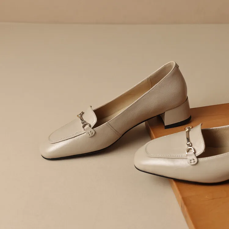 Women's Spring/Autumn Style Metal Buckle Shoes 7-10A Soft Cowhide Chunky Heel Shallow Mouth Round Toe Single Shoes Women's Size 40