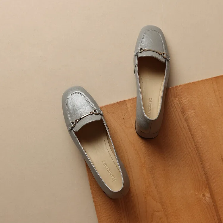 Women's Spring/Autumn Style Metal Buckle Shoes 7-10A Soft Cowhide Chunky Heel Shallow Mouth Round Toe Single Shoes Women's Size 40