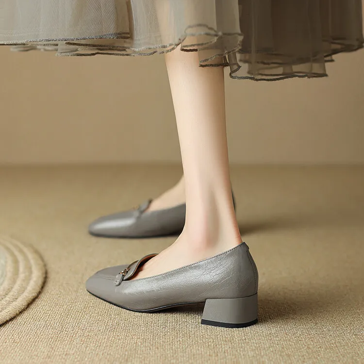 Women's Spring/Autumn Style Metal Buckle Shoes 7-10A Soft Cowhide Chunky Heel Shallow Mouth Round Toe Single Shoes Women's Size 40