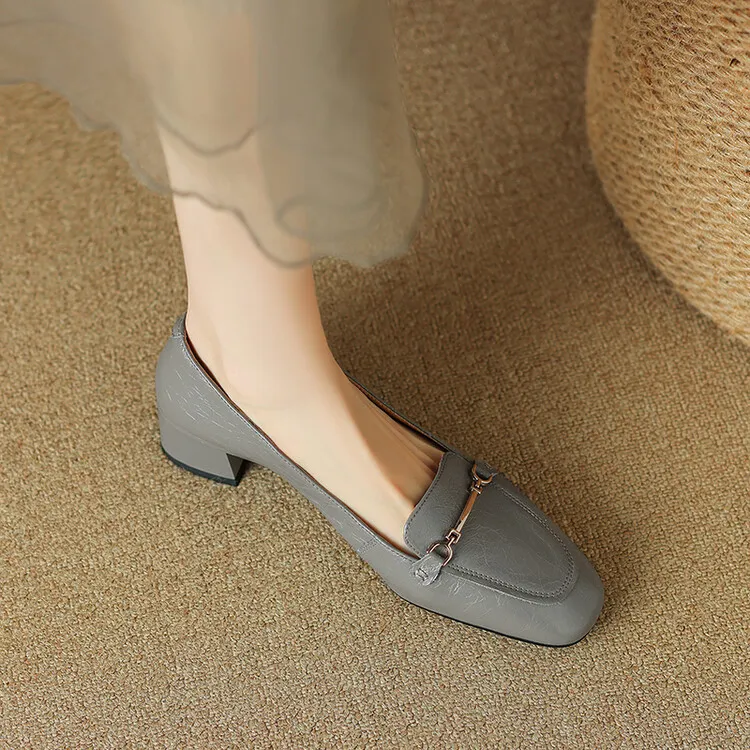 Women's Spring/Autumn Style Metal Buckle Shoes 7-10A Soft Cowhide Chunky Heel Shallow Mouth Round Toe Single Shoes Women's Size 40