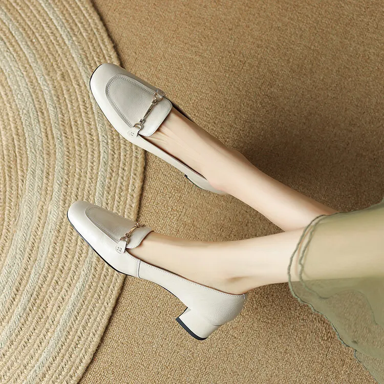 Women's Spring/Autumn Style Metal Buckle Shoes 7-10A Soft Cowhide Chunky Heel Shallow Mouth Round Toe Single Shoes Women's Size 40