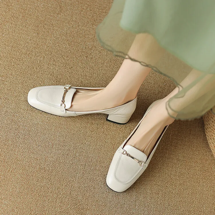 Women's Spring/Autumn Style Metal Buckle Shoes 7-10A Soft Cowhide Chunky Heel Shallow Mouth Round Toe Single Shoes Women's Size 40