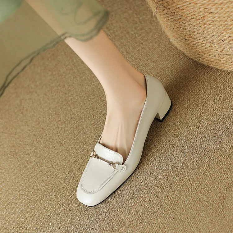 Women's Spring/Autumn Style Metal Buckle Shoes 7-10A Soft Cowhide Chunky Heel Shallow Mouth Round Toe Single Shoes Women's Size 40