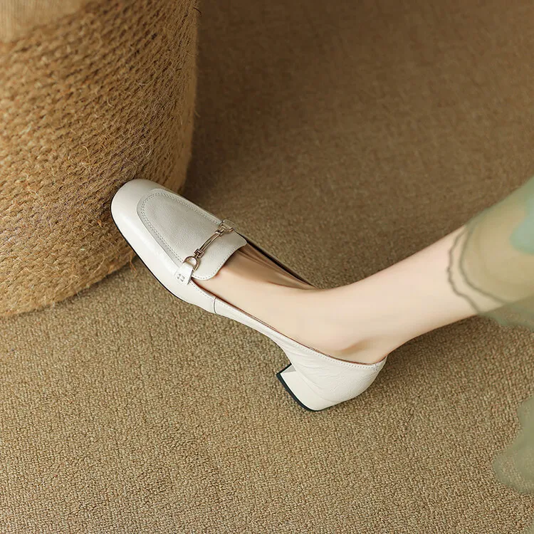Women's Spring/Autumn Style Metal Buckle Shoes 7-10A Soft Cowhide Chunky Heel Shallow Mouth Round Toe Single Shoes Women's Size 40