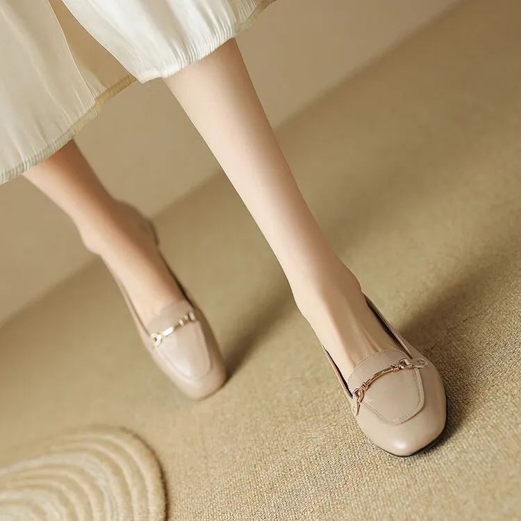 Women's Spring/Autumn Style Metal Buckle Shoes 7-10A Soft Cowhide Chunky Heel Shallow Mouth Round Toe Single Shoes Women's Size 40