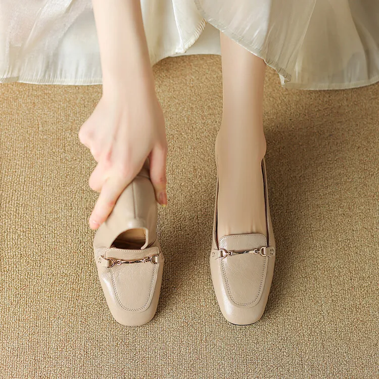 Women's Spring/Autumn Style Metal Buckle Shoes 7-10A Soft Cowhide Chunky Heel Shallow Mouth Round Toe Single Shoes Women's Size 40