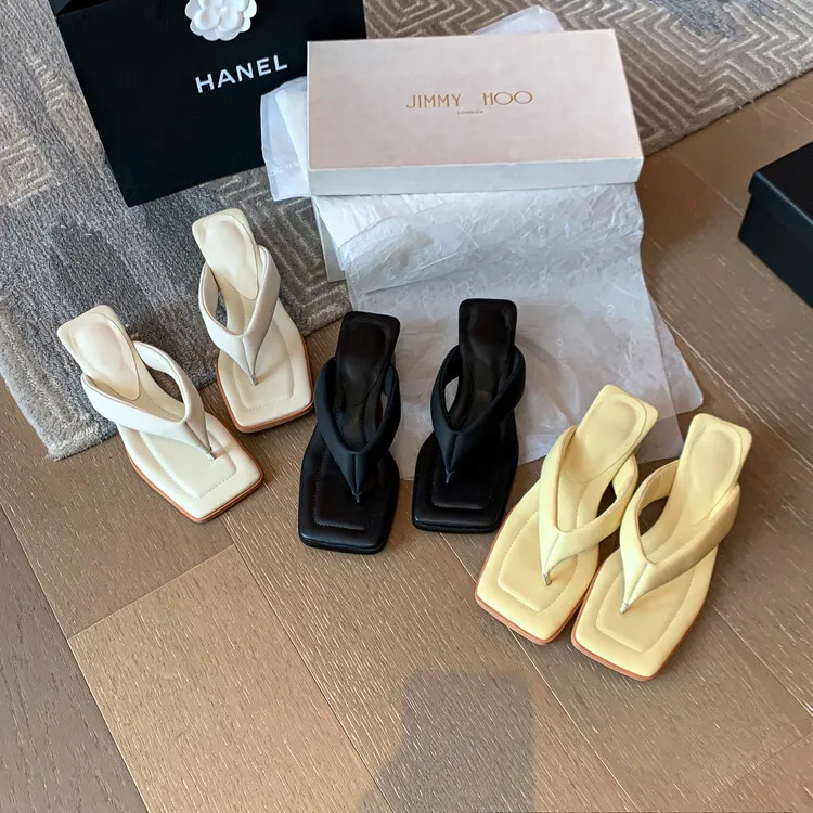 Summer soft square-toe flip-flops, mid-heel slippers, women's casual high-heeled shoes, 7-12g