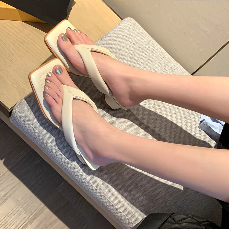 Summer soft square-toe flip-flops, mid-heel slippers, women's casual high-heeled shoes, 7-12g