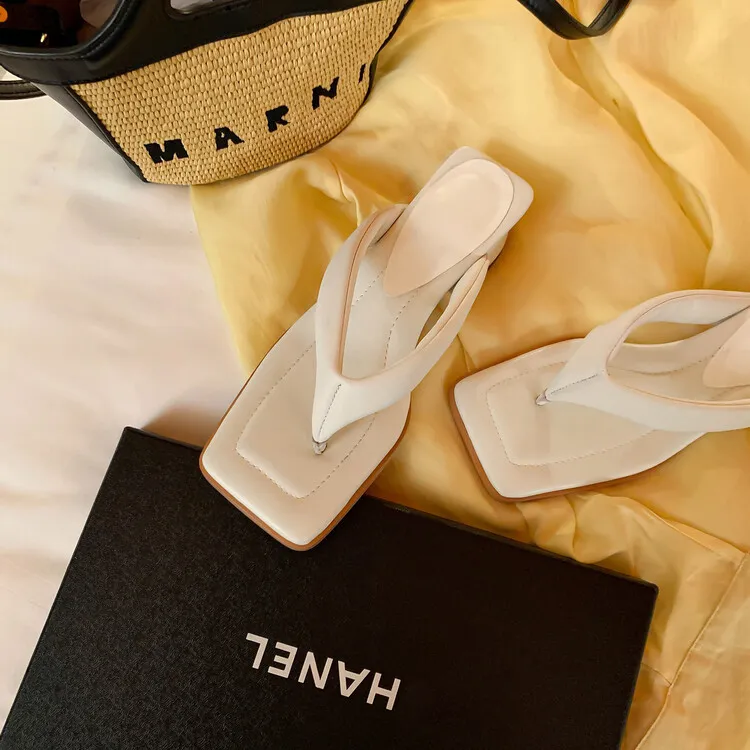 Summer soft square-toe flip-flops, mid-heel slippers, women's casual high-heeled shoes, 7-12g