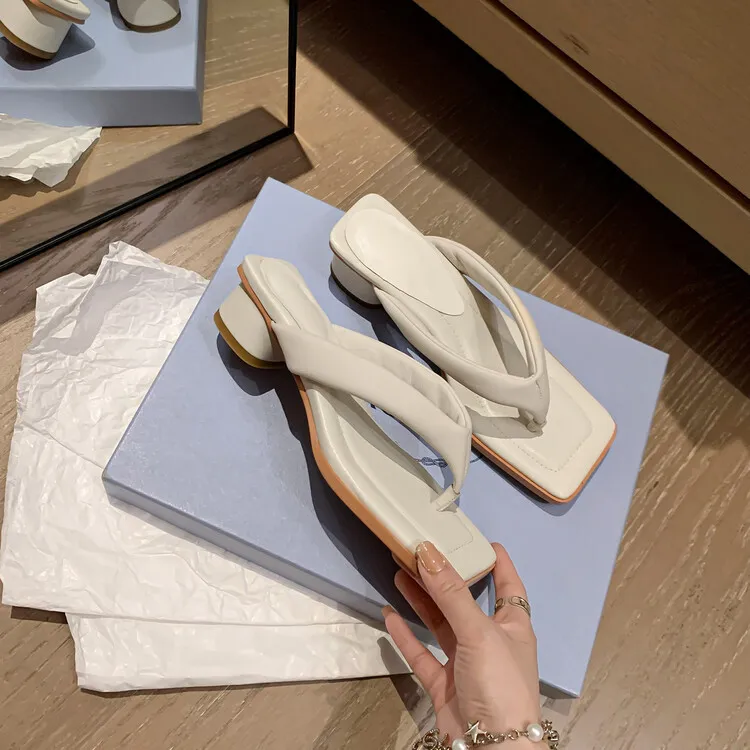 Summer soft square-toe flip-flops, mid-heel slippers, women's casual high-heeled shoes, 7-12g