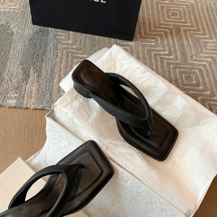 Summer soft square-toe flip-flops, mid-heel slippers, women's casual high-heeled shoes, 7-12g
