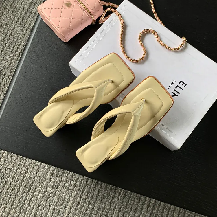 Summer soft square-toe flip-flops, mid-heel slippers, women's casual high-heeled shoes, 7-12g