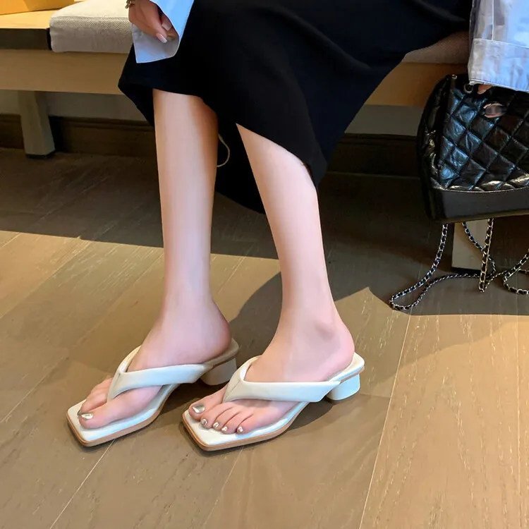 Summer soft square-toe flip-flops, mid-heel slippers, women's casual high-heeled shoes, 7-12g