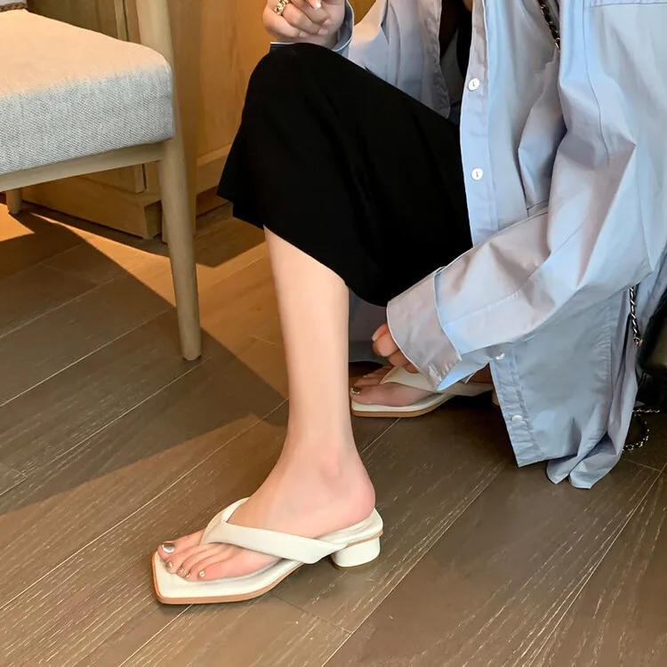 Summer soft square-toe flip-flops, mid-heel slippers, women's casual high-heeled shoes, 7-12g