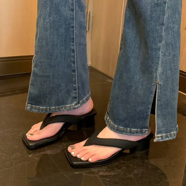 Summer soft square-toe flip-flops, mid-heel slippers, women's casual high-heeled shoes, 7-12g
