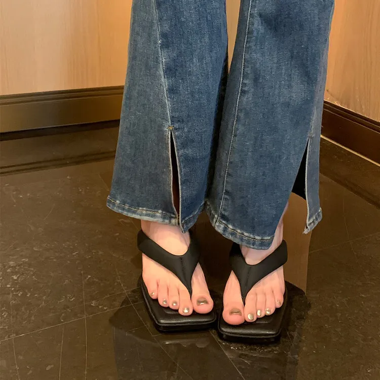 Summer soft square-toe flip-flops, mid-heel slippers, women's casual high-heeled shoes, 7-12g