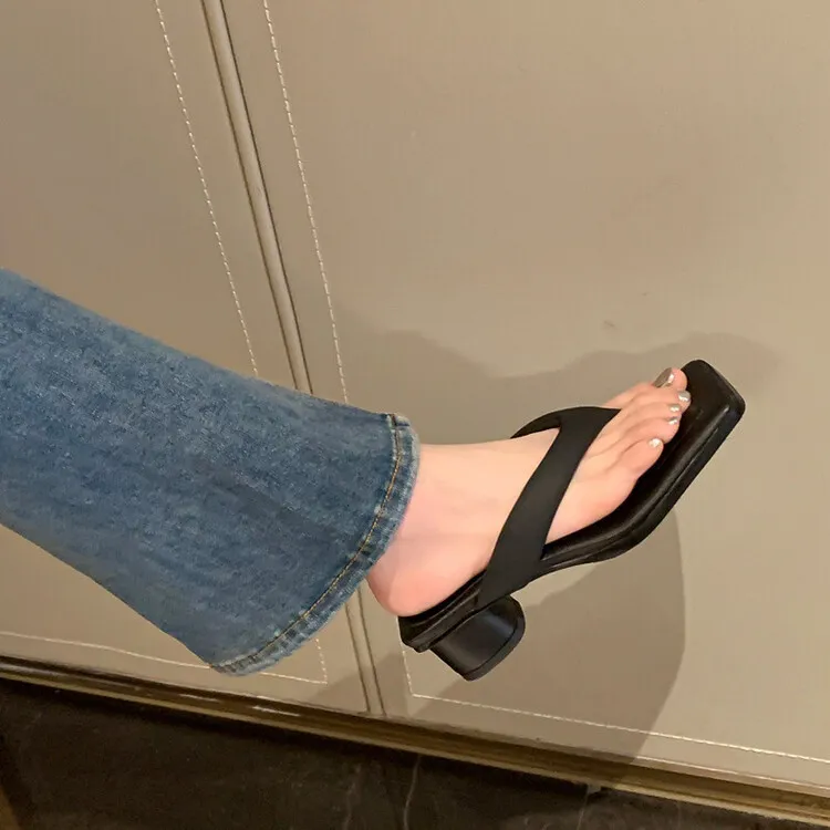 Summer soft square-toe flip-flops, mid-heel slippers, women's casual high-heeled shoes, 7-12g