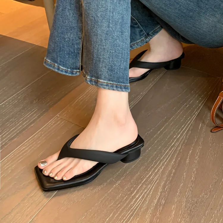 Summer soft square-toe flip-flops, mid-heel slippers, women's casual high-heeled shoes, 7-12g