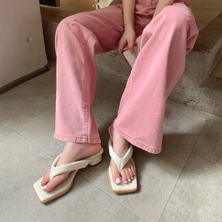 Summer soft square-toe flip-flops, mid-heel slippers, women's casual high-heeled shoes, 7-12g