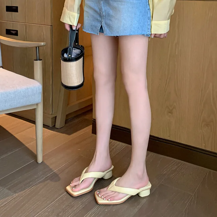 Summer soft square-toe flip-flops, mid-heel slippers, women's casual high-heeled shoes, 7-12g