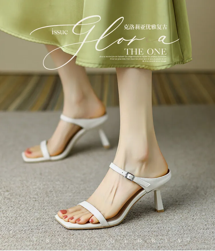 Women's stiletto sandals, Korean style, square toe, fashionable high heels, open toe, slip-on sandals, suitable for outdoor wear, 5-4g