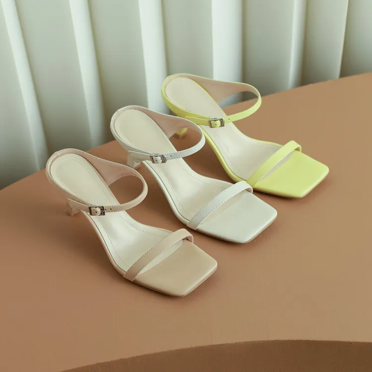 Women's stiletto sandals, Korean style, square toe, fashionable high heels, open toe, slip-on sandals, suitable for outdoor wear, 5-4g