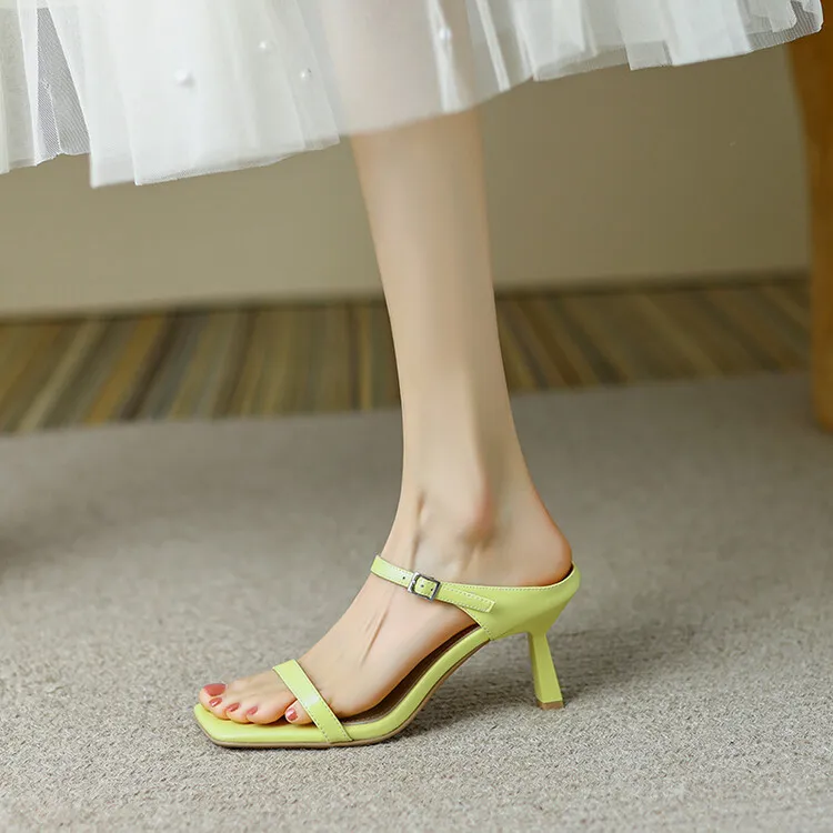 Women's stiletto sandals, Korean style, square toe, fashionable high heels, open toe, slip-on sandals, suitable for outdoor wear, 5-4g
