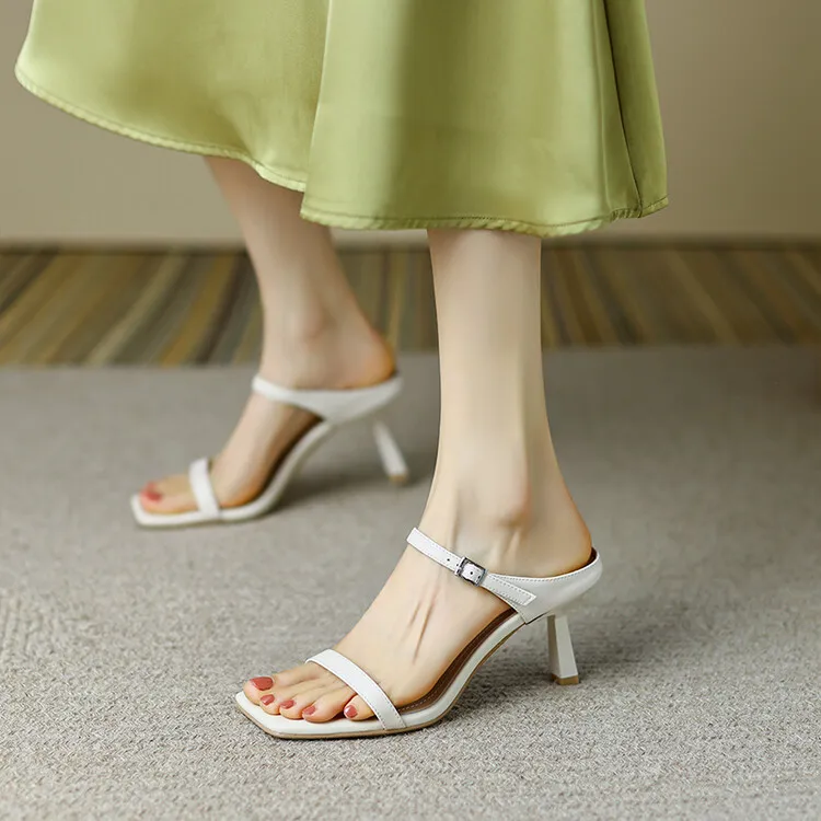 Women's stiletto sandals, Korean style, square toe, fashionable high heels, open toe, slip-on sandals, suitable for outdoor wear, 5-4g