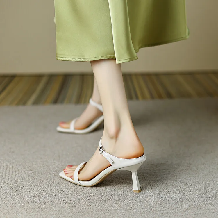 Women's stiletto sandals, Korean style, square toe, fashionable high heels, open toe, slip-on sandals, suitable for outdoor wear, 5-4g