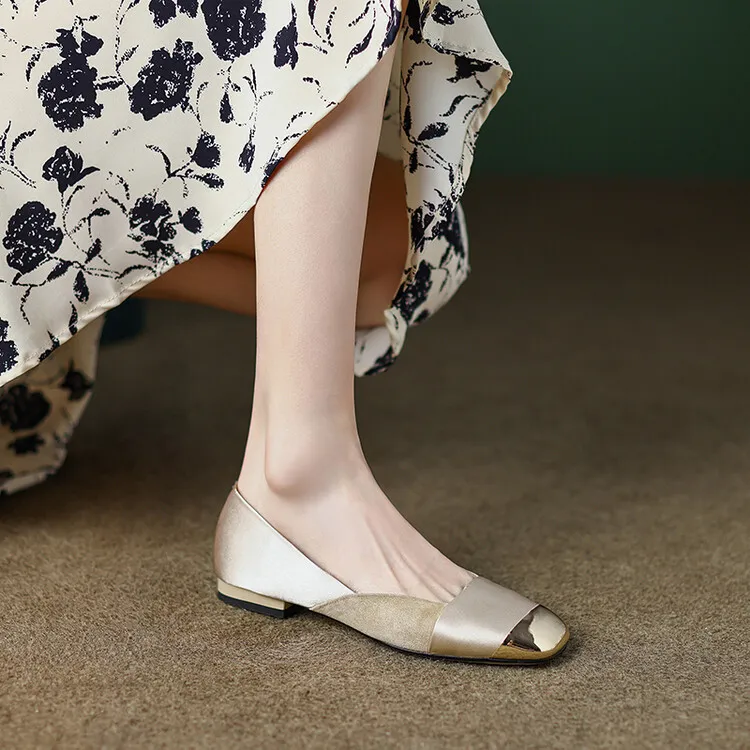 2023 Autumn Collection Metallic Toe Square Toe Color Block Low-Cut Flat Shoes Korean Style French Flat Women's Shoes Plus Size 7-18L